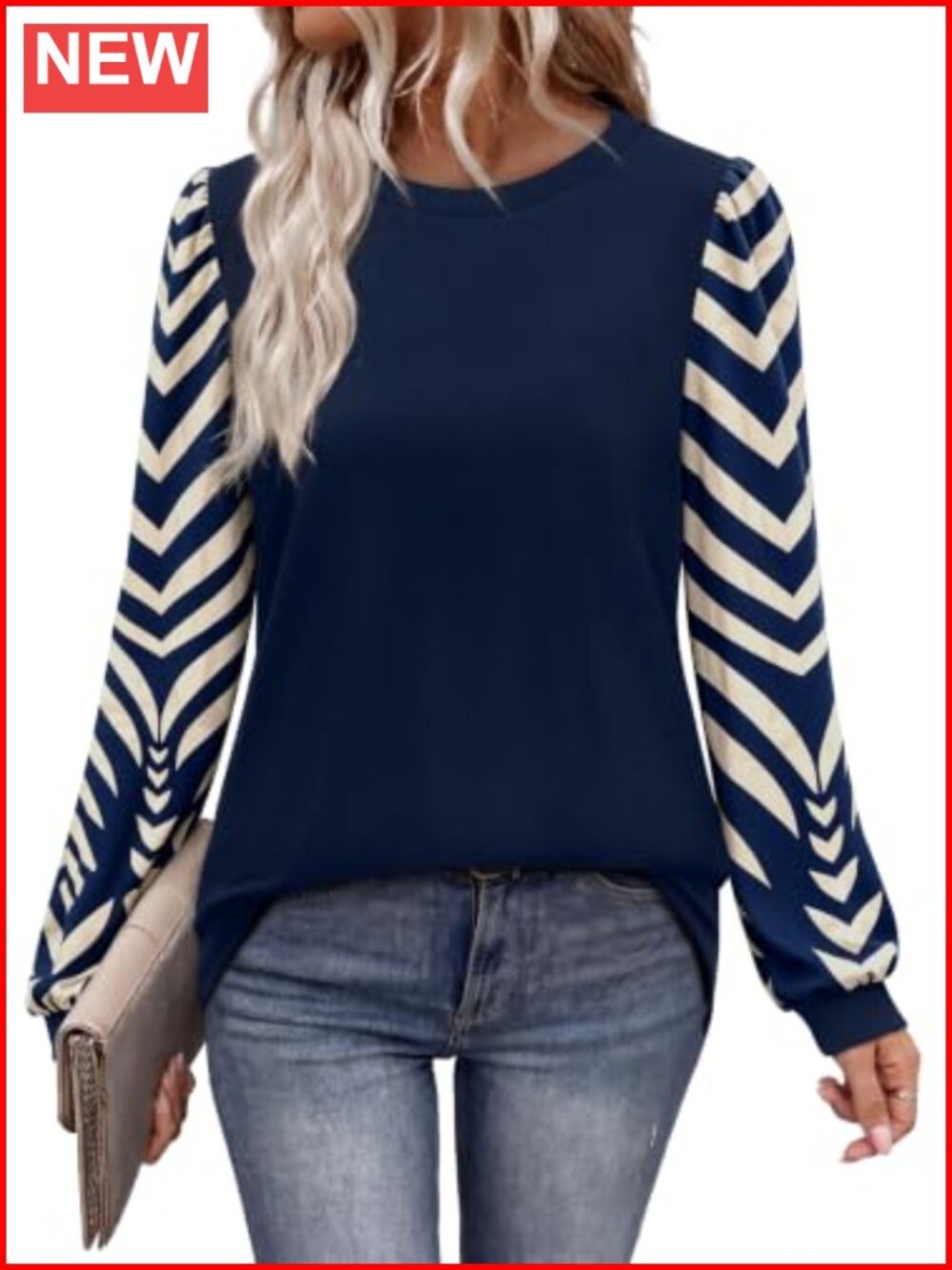 Womens Long Sleeve Tunic Top Puff Sleeve Crew Neck Color Block Cas